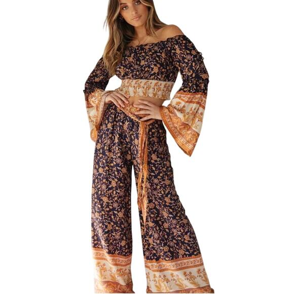 JJwm Woman Bohemian Navy & Sienna Floral Two Piece Belted Pants Set Large - Picture 1 of 11